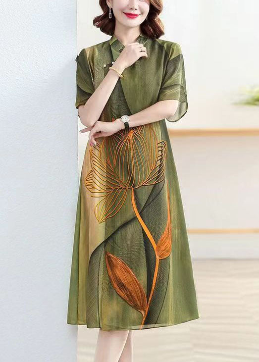 Classy Green Stand Collar Lotus Print Patchwork Silk Dress Summer TP1026
