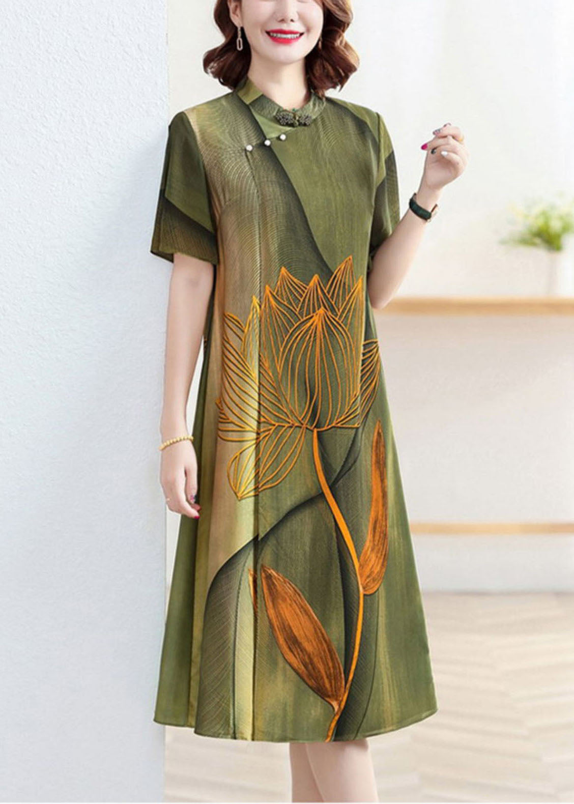 Classy Green Stand Collar Lotus Print Patchwork Silk Dress Summer TP1026
