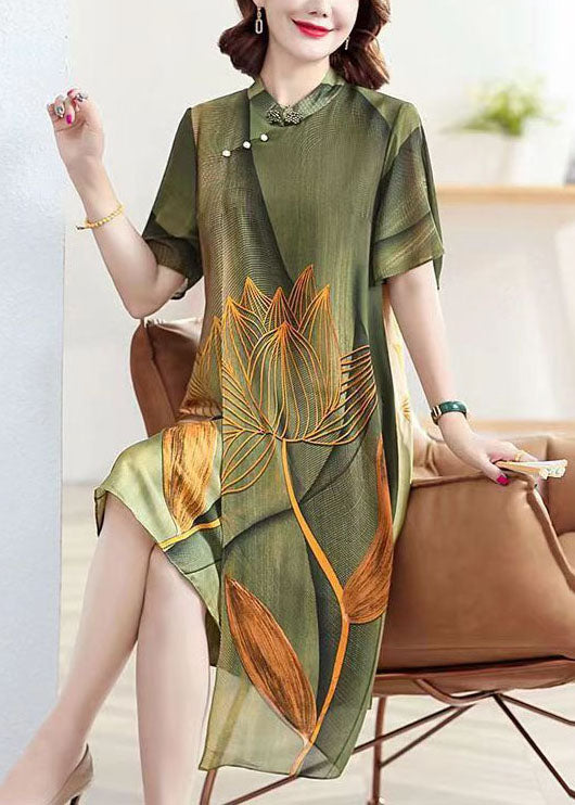 Classy Green Stand Collar Lotus Print Patchwork Silk Dress Summer TP1026 - fabuloryshop