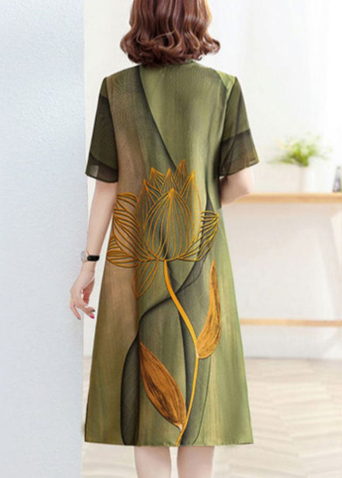 Classy Green Stand Collar Lotus Print Patchwork Silk Dress Summer TP1026 - fabuloryshop