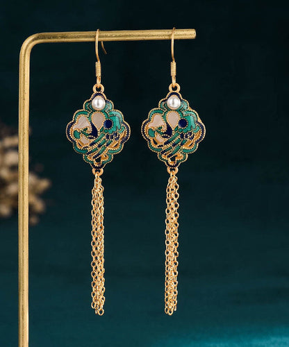 Classy Green Sterling Silver Overgild Inlaid Jade Tassel Drop Earrings TW1050 - fabuloryshop