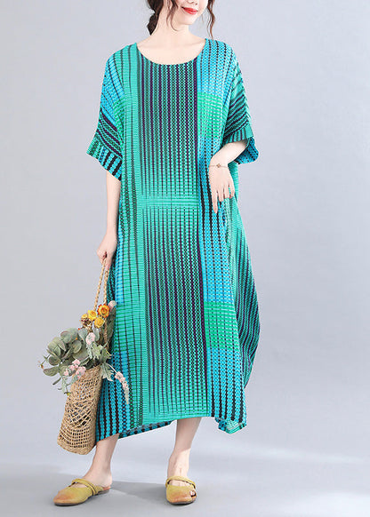 Classy Green Striped Print Holiday Long Dress Short Sleeve LY6060 - fabuloryshop