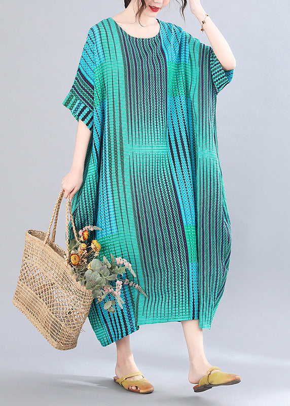 Classy Green Striped Print Holiday Long Dress Short Sleeve LY6060 - fabuloryshop