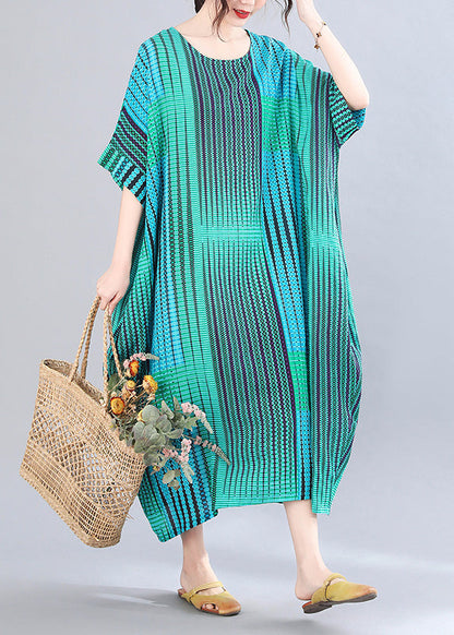 Classy Green Striped Print Holiday Long Dress Short Sleeve LY6060 - fabuloryshop