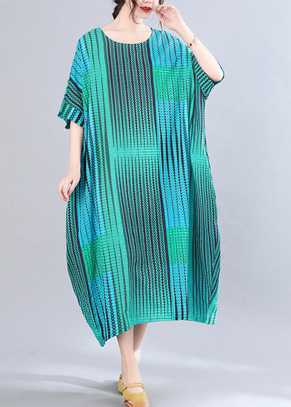 Classy Green Striped Print Holiday Long Dress Short Sleeve LY6060 - fabuloryshop