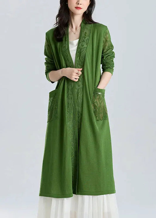 Classy Green V Neck Patchwork Hollow Out Long Ice Size Knit Cardigan Sum Ada Fashion