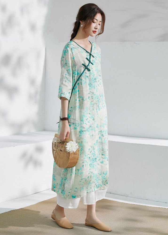 Classy Green V Neck Print Chinese Button Patchwork Linen Dress Summer LY2516 - fabuloryshop