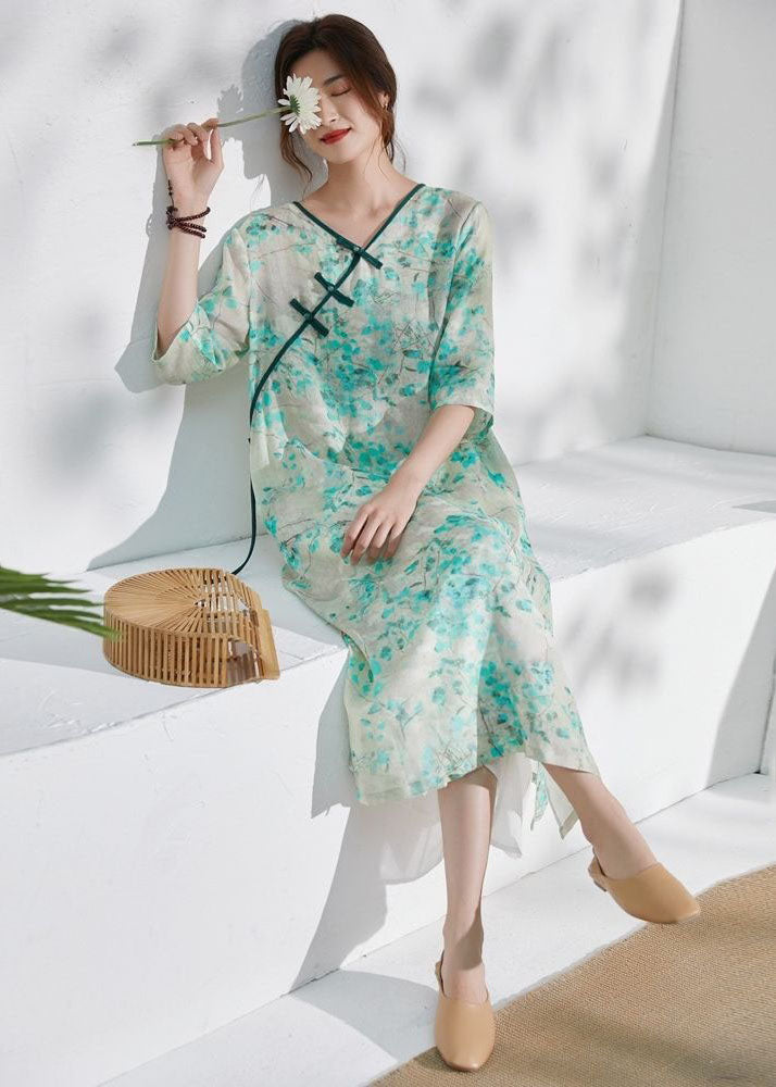 Classy Green V Neck Print Chinese Button Patchwork Linen Dress Summer LY2516 - fabuloryshop