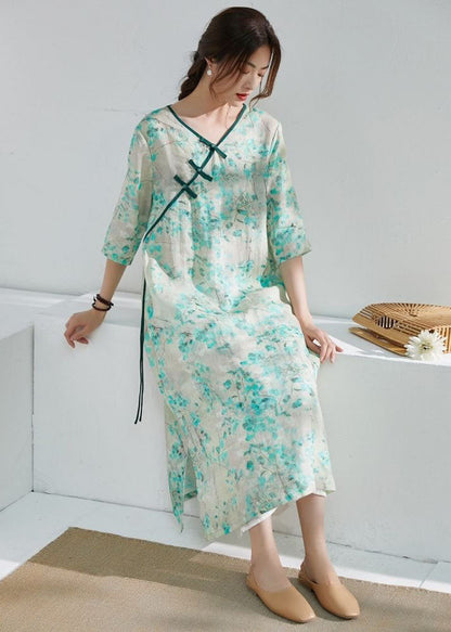 Classy Green V Neck Print Chinese Button Patchwork Linen Dress Summer LY2516 - fabuloryshop