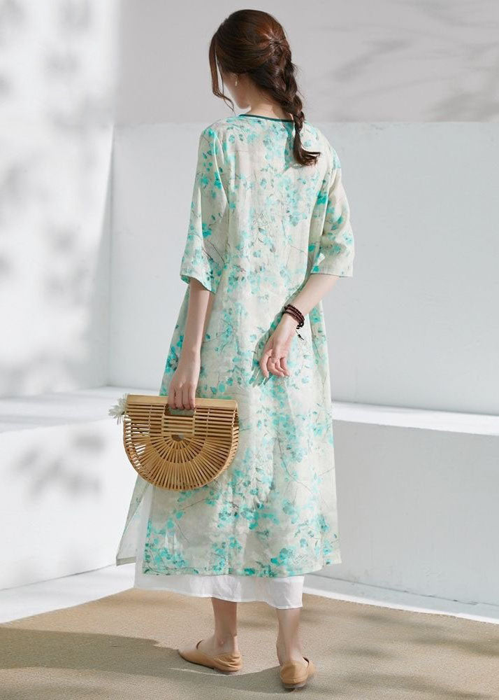 Classy Green V Neck Print Chinese Button Patchwork Linen Dress Summer LY2516 - fabuloryshop