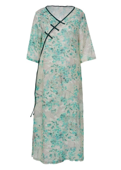 Classy Green V Neck Print Chinese Button Patchwork Linen Dress Summer LY2516 - fabuloryshop