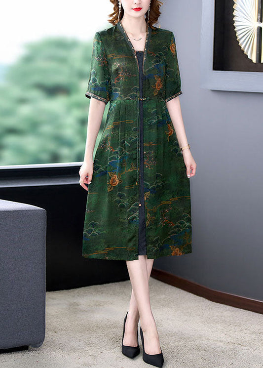 Classy Green V Neck Print Wrinkled Patchwork Silk Dresses Summer LY5955 Ada Fashion