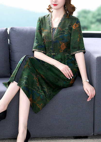 Classy Green V Neck Print Wrinkled Patchwork Silk Dresses Summer LY5955 Ada Fashion