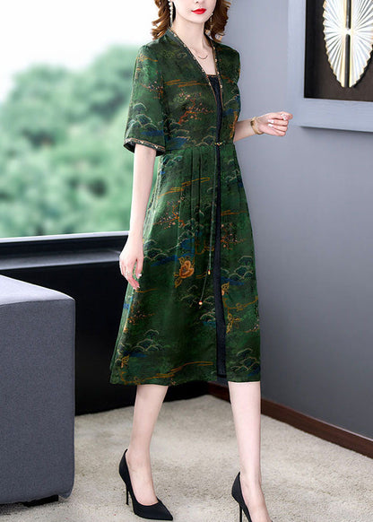 Classy Green V Neck Print Wrinkled Patchwork Silk Dresses Summer LY5955 Ada Fashion