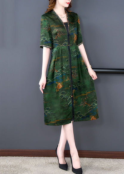 Classy Green V Neck Print Wrinkled Patchwork Silk Dresses Summer LY5955 Ada Fashion