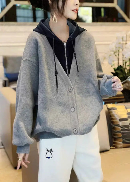 Classy Grey Patchwork Zippered Drawstring Sweatshirts Fall Ada Fashion