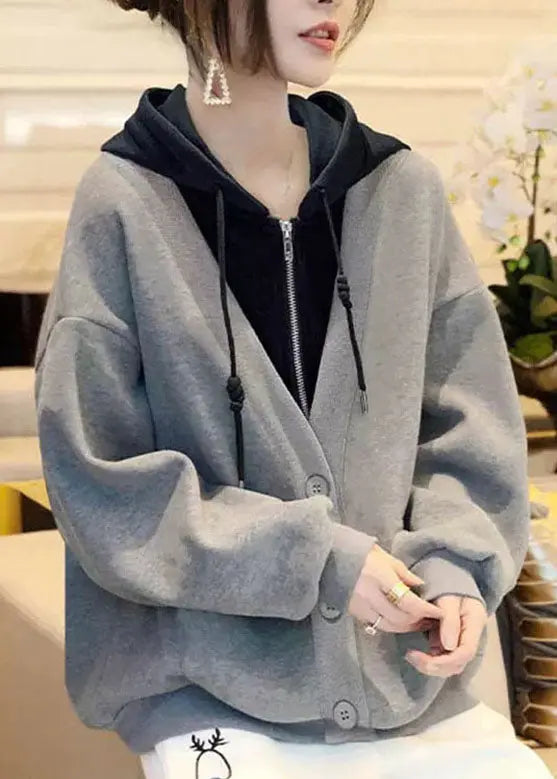 Classy Grey Patchwork Zippered Drawstring Sweatshirts Fall Ada Fashion