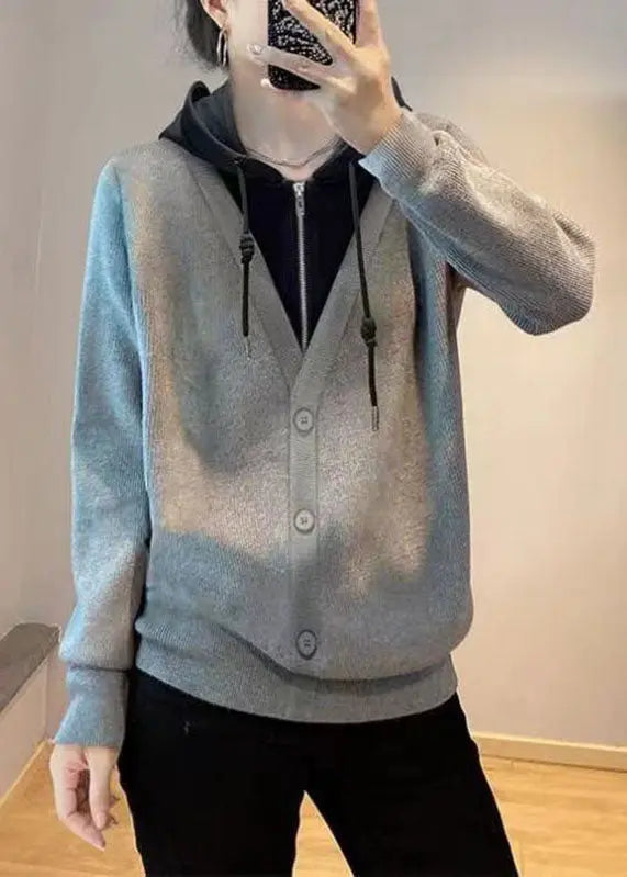 Classy Grey Patchwork Zippered Drawstring Sweatshirts Fall Ada Fashion