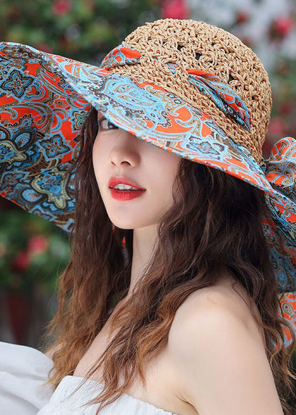 Classy Khaki Bow Print Patchwork Straw Woven Floppy Sun Hat LC0553 - fabuloryshop