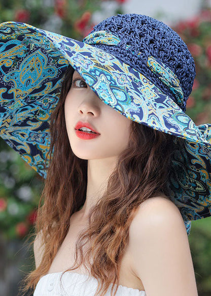 Classy Khaki Bow Print Patchwork Straw Woven Floppy Sun Hat LC0553 - fabuloryshop