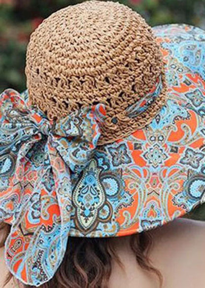 Classy Khaki Bow Print Patchwork Straw Woven Floppy Sun Hat LC0553 - fabuloryshop