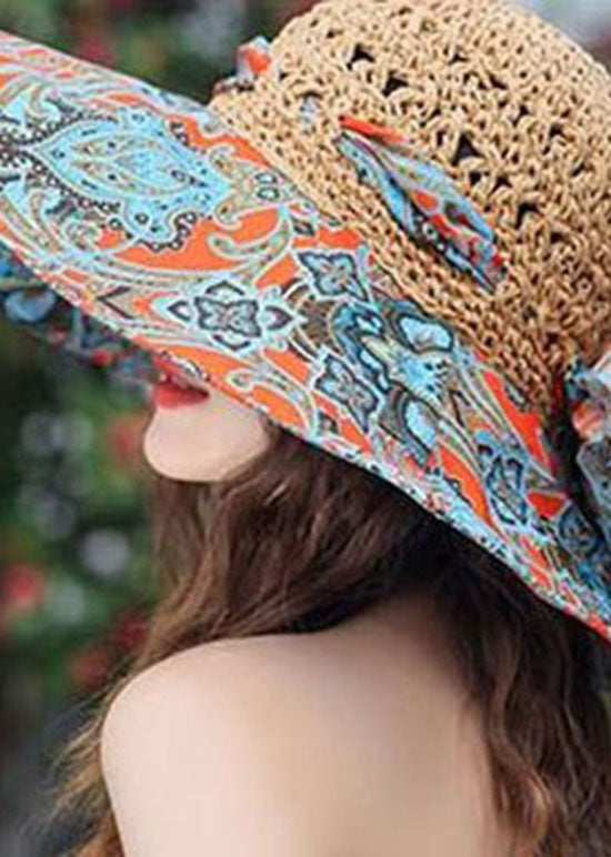 Classy Khaki Bow Print Patchwork Straw Woven Floppy Sun Hat LC0553 - fabuloryshop