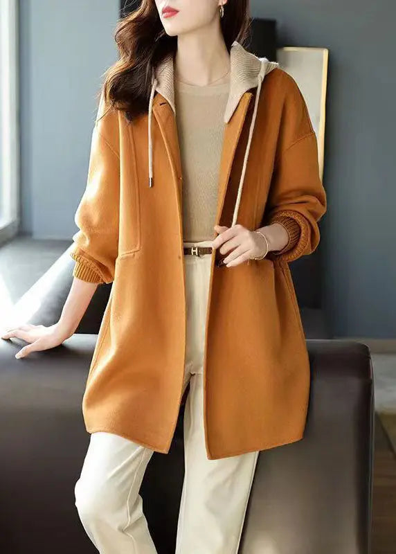 Classy Khaki Button Pockets Patchwork Woolen Hoodies Outwear Fall Ada Fashion