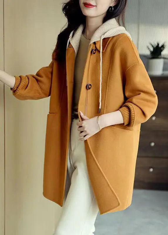 Classy Khaki Button Pockets Patchwork Woolen Hoodies Outwear Fall Ada Fashion