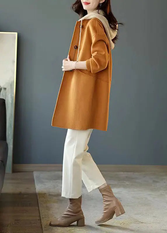 Classy Khaki Button Pockets Patchwork Woolen Hoodies Outwear Fall Ada Fashion