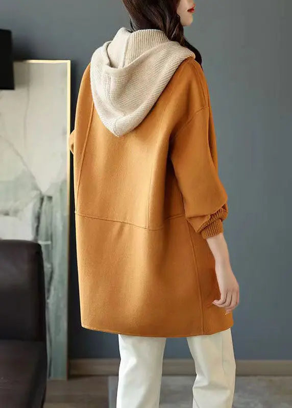 Classy Khaki Button Pockets Patchwork Woolen Hoodies Outwear Fall Ada Fashion