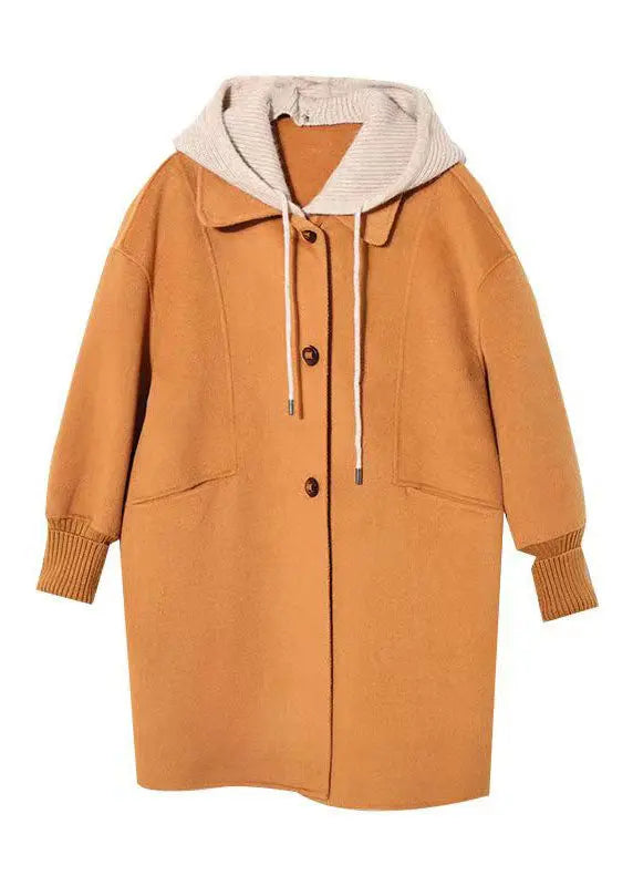 Classy Khaki Button Pockets Patchwork Woolen Hoodies Outwear Fall Ada Fashion