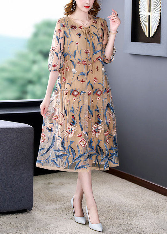 Classy Khaki Embroideried Wrinkled Lace Up Patchwork Silk Dresses Summer LY5899 - fabuloryshop