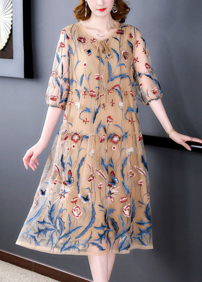 Classy Khaki Embroideried Wrinkled Lace Up Patchwork Silk Dresses Summer LY5899 - fabuloryshop