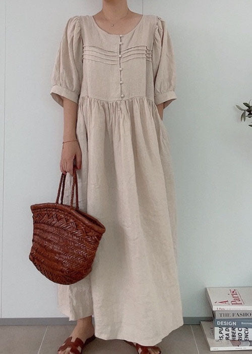 Classy Khaki O Neck Patchwork Wrinkled Linen Dress Summer LY2167 - fabuloryshop