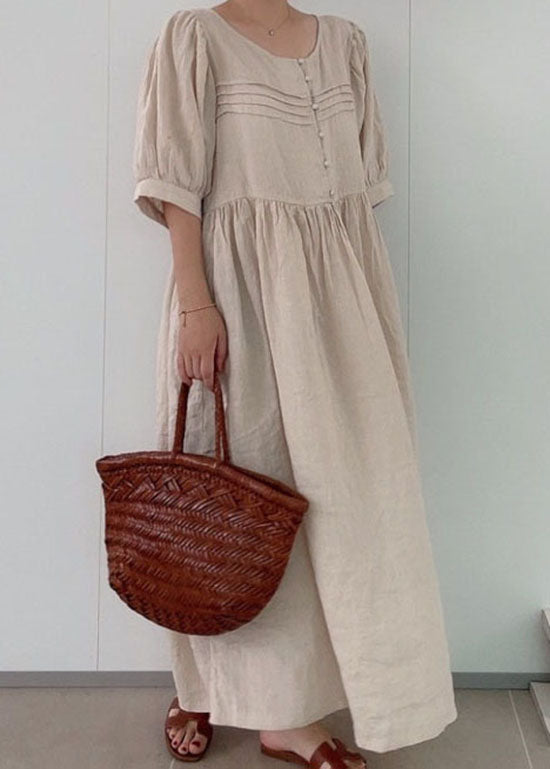 Classy Khaki O Neck Patchwork Wrinkled Linen Dress Summer LY2167 - fabuloryshop