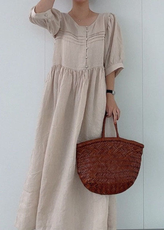 Classy Khaki O Neck Patchwork Wrinkled Linen Dress Summer LY2167 - fabuloryshop