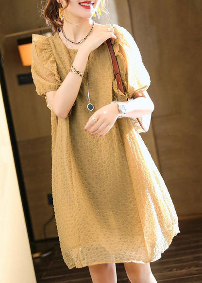 Classy Khaki O-Neck Ruffled Patchwork Chiffon Dresses Summer Ada Fashion