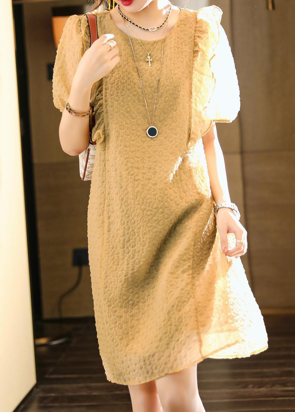 Classy Khaki O-Neck Ruffled Patchwork Chiffon Dresses Summer Ada Fashion