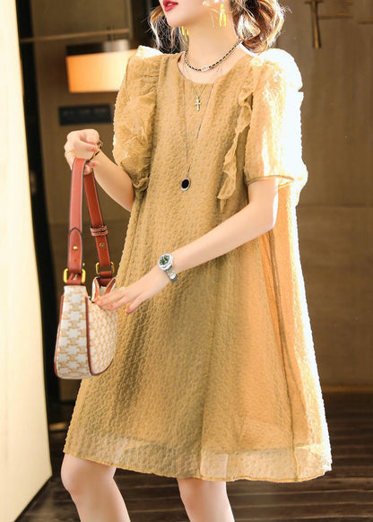 Classy Khaki O-Neck Ruffled Patchwork Chiffon Dresses Summer Ada Fashion