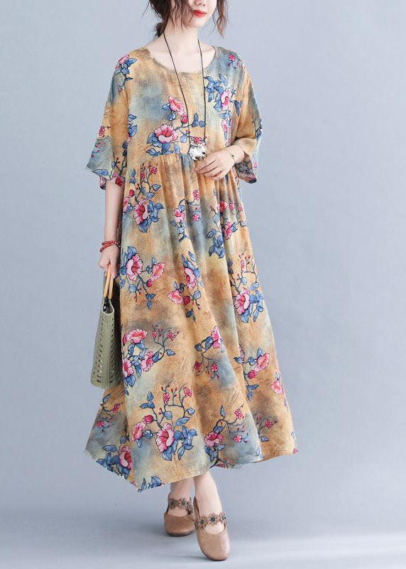 Classy Khaki Oversized Print Cotton Maxi Dress Short Sleeve LY0537