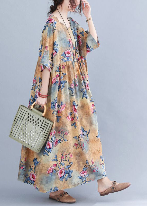 Classy Khaki Oversized Print Cotton Maxi Dress Short Sleeve LY0537