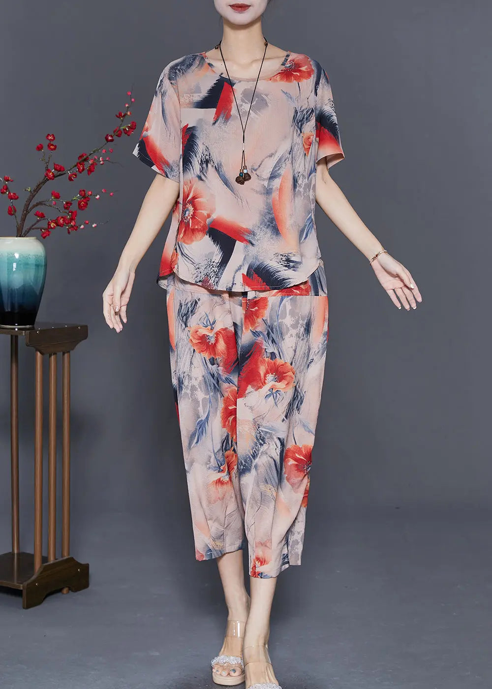 Classy Khaki Oversized Print Linen Two Piece Set Outfits Summer Ada Fashion