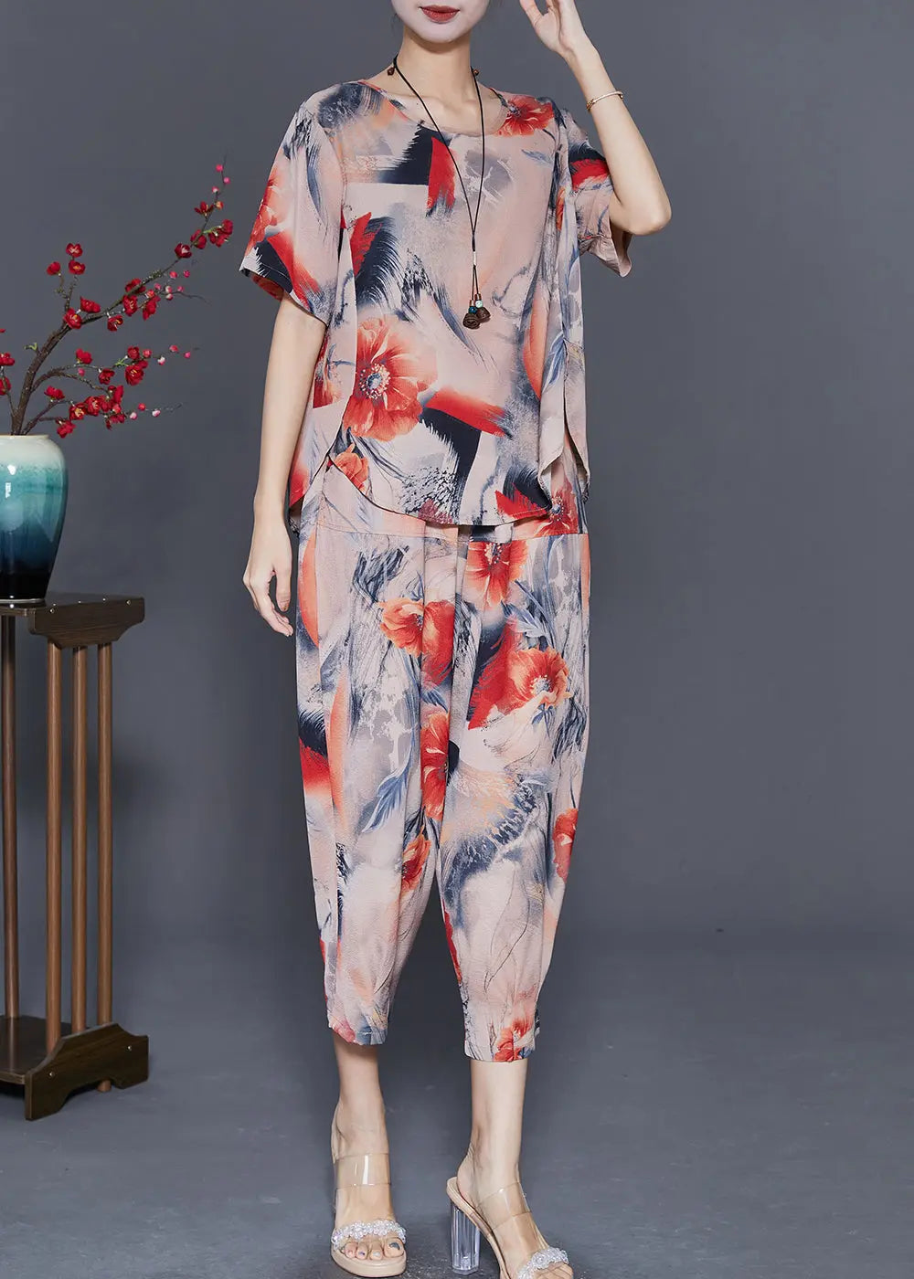 Classy Khaki Oversized Print Linen Two Piece Set Outfits Summer Ada Fashion