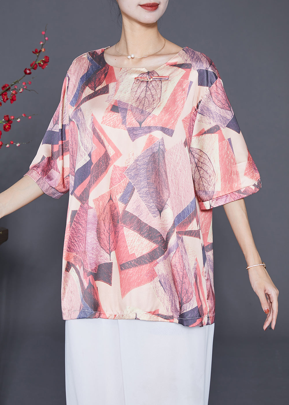 Classy Khaki Oversized Print Silk Shirt Tops Summer Ada Fashion