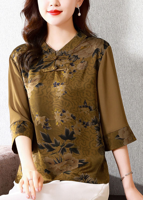 Classy Khaki Stand Collar Print Patchwork Silk Top Half sleeve LY0468