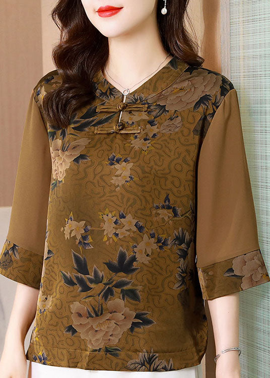 Classy Khaki Stand Collar Print Patchwork Silk Top Half sleeve LY0468