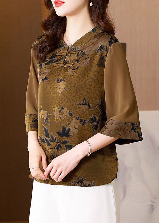 Classy Khaki Stand Collar Print Patchwork Silk Top Half sleeve LY0468 - fabuloryshop