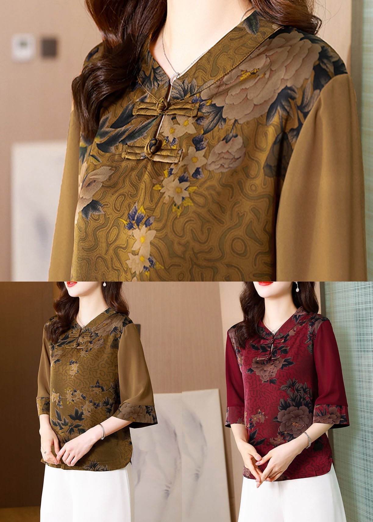 Classy Khaki Stand Collar Print Patchwork Silk Top Half sleeve LY0468 - fabuloryshop