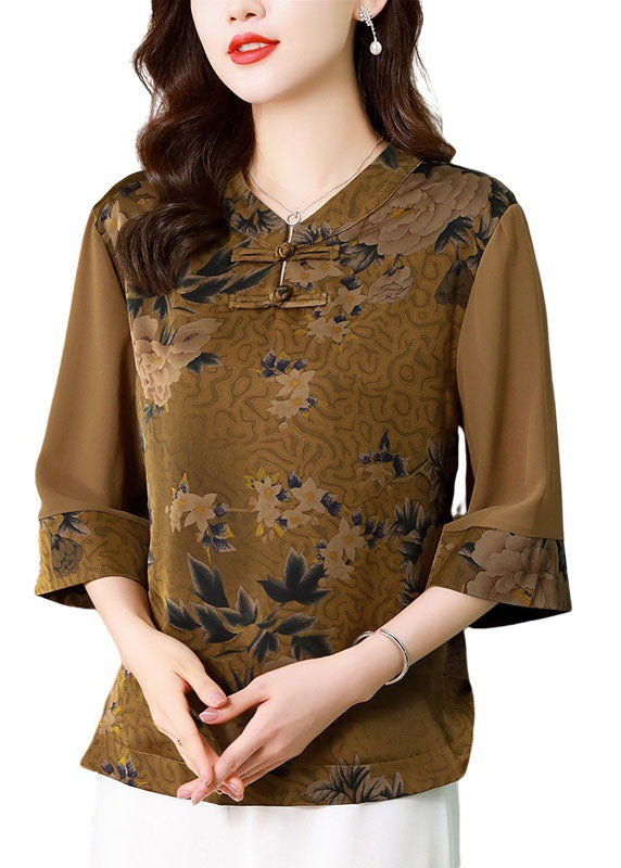 Classy Khaki Stand Collar Print Patchwork Silk Top Half sleeve LY0468 - fabuloryshop