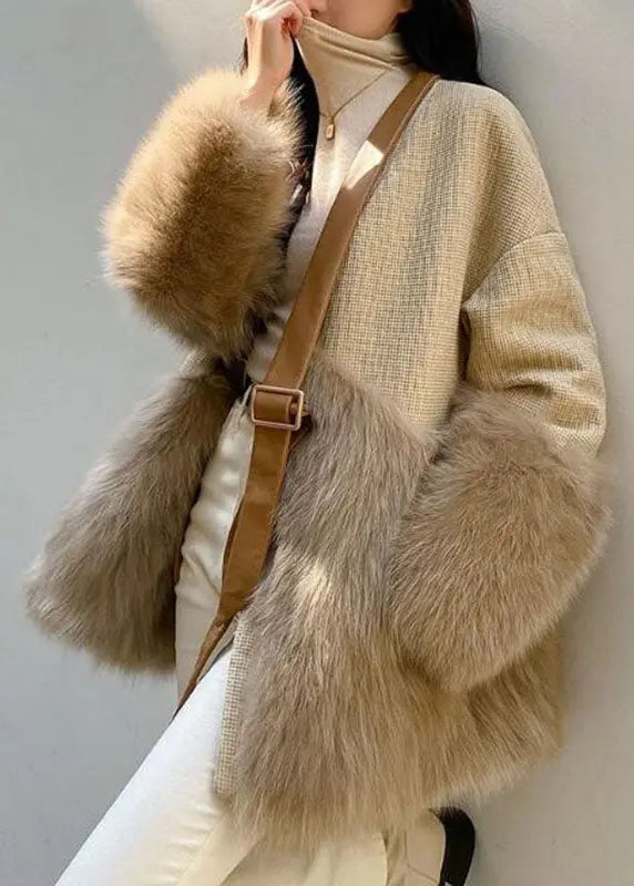 Classy Khaki V Neck Fuzzy Fur Fluffy Patchwork Leather And Fur Coat Long Sleeve Ada Fashion